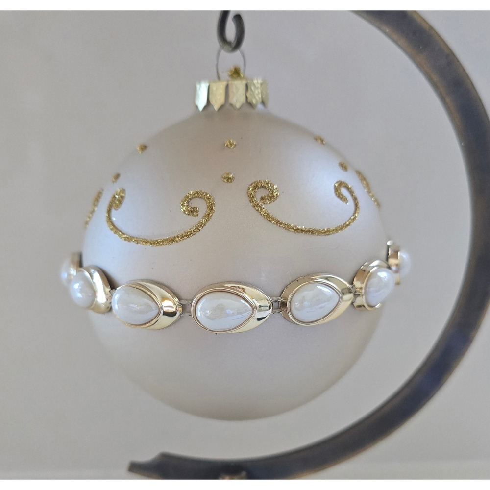 New Kurt Adler Cream Glass Ball Christmas Ornament Gold Faux Pearl Belt